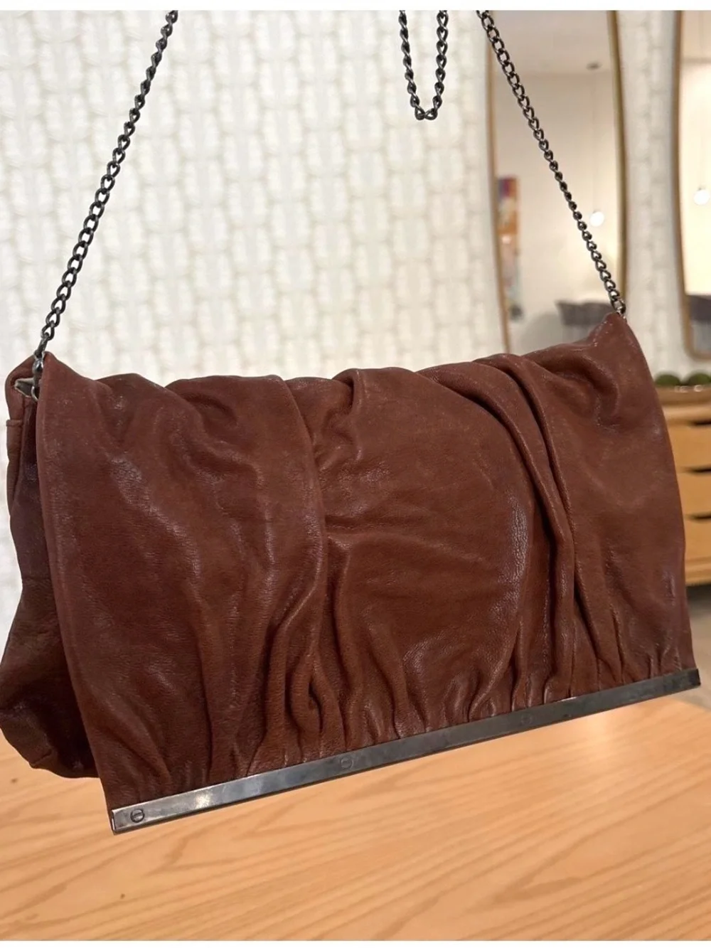 Malababa Brown Ruched Leather Frame Clutch Chain Crossbody Bag